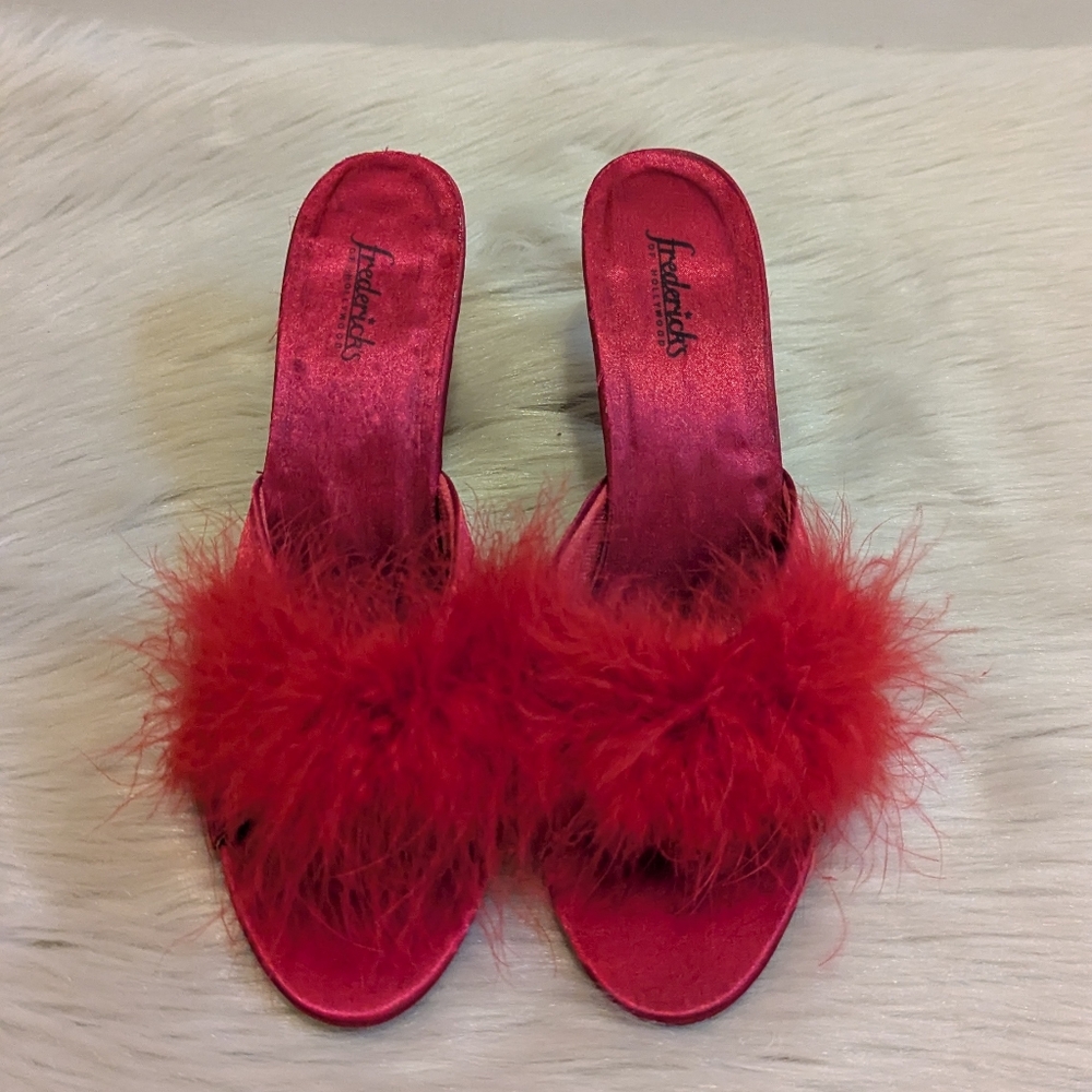 Vintage Fredrick's of Hollywood red feather open back heels size 9 - Picture 3 of 7